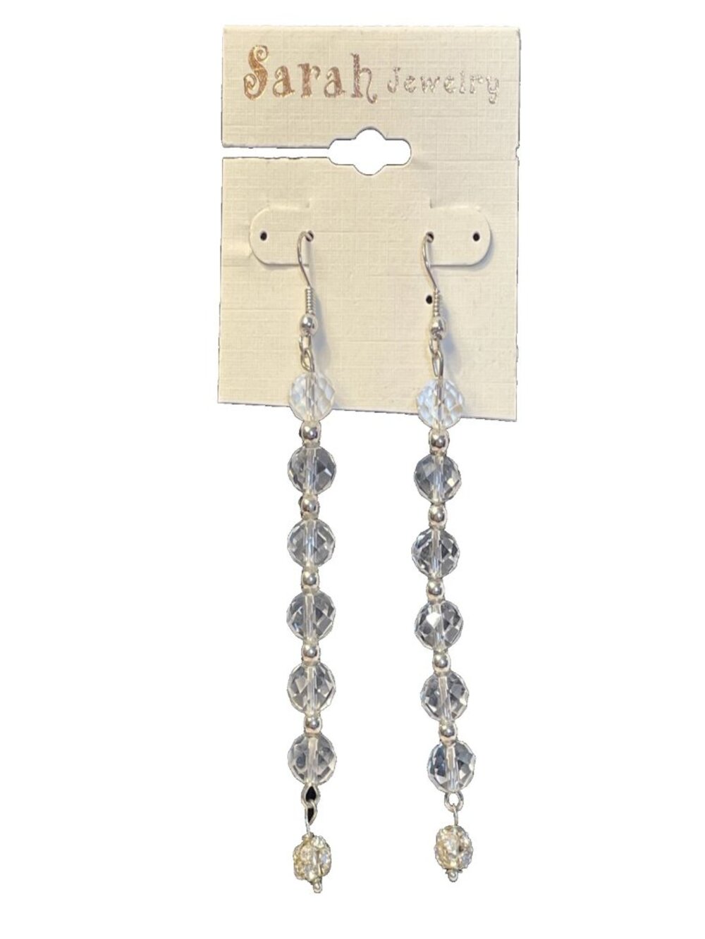Sarah Jewelry Long Clear Beaded Dangle Earrings 3.25 in Drop Silver Tone